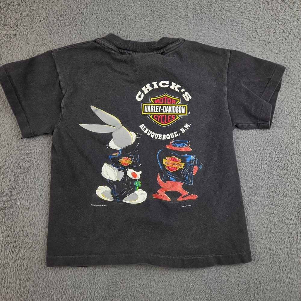 Vintage Harley Davidson Shirt Boy's Small Looney Tunes Bugs Bunny Taz 90s Black - Picture 2 of 12